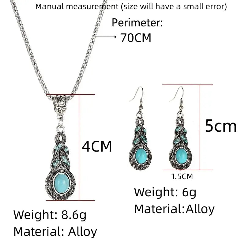 3-Piece Vintage Turquoise Jewelry Set – Blue Crystal Pendant Necklace & Matching Earrings for Men and Women