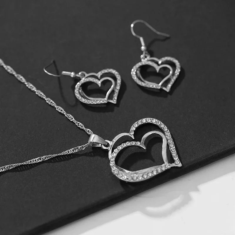 3-Piece Double Heart Jewelry Set – Rhinestone Necklace & Earrings for Women