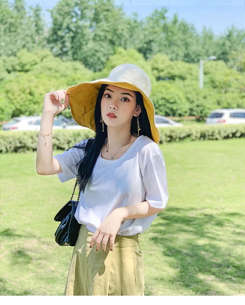 Wide Brim UPF 50+ Sun Hat – Double-Sided Anti-UV Beach & Hiking Cap for Women