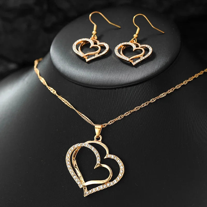 3-Piece Double Heart Jewelry Set – Rhinestone Necklace & Earrings for Women