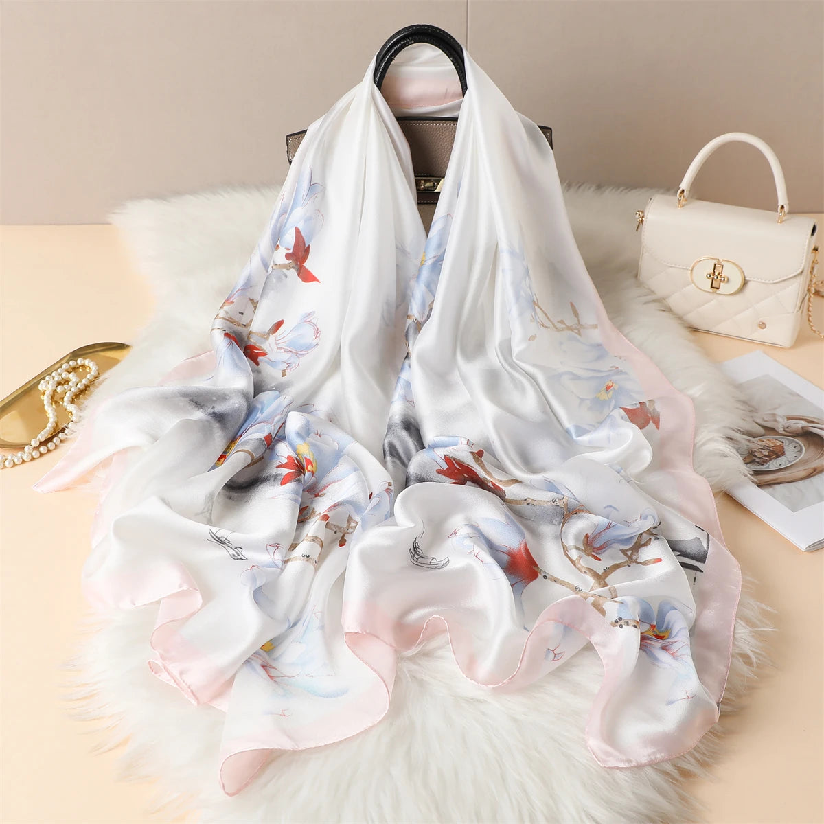 Luxury Silk Satin Scarf –  Large Wrap for Women, Elegant Beach & Hijab Style