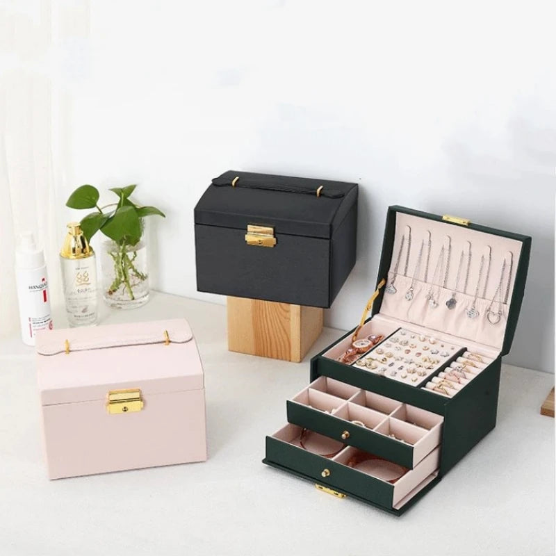 Three-Layer Leather Drawer Jewelry Box – Multi-Functional Storage with Lock for Earrings & Accessories