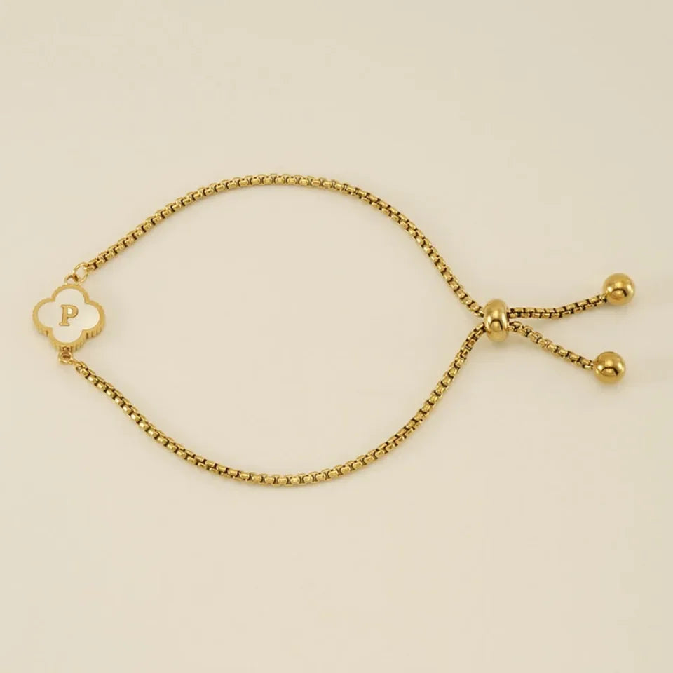Mother of Pearl Initial Bracelet – A–Z Letter Clover Charm in Gold Stainless Steel