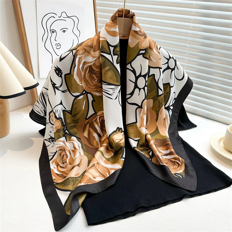 Silk Feel Scarf – Twill Square Wrap with Luxury Tree Print for Hair, Neck & Hijab
