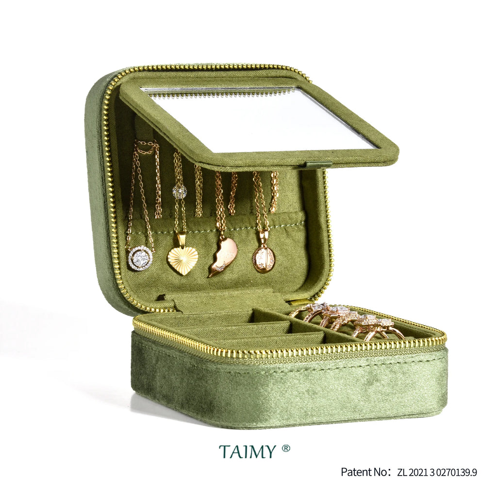 TAIMY Vintage Velvet Jewelry Box – Retro Green Travel Ring Case with Mirror