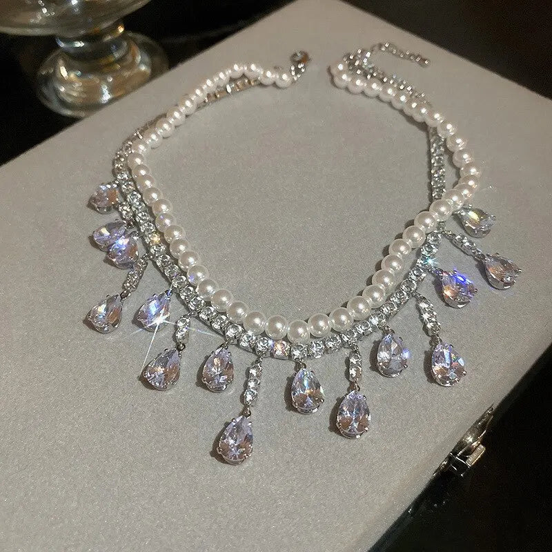 Luxury Crystal Rhinestone Choker – Multi-Layer Pearl Chain Necklace for Parties & Weddings