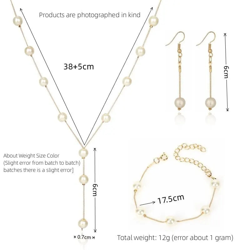 4-Piece Gold Jewelry Set – Elegant Imitation Pearl Necklace, Earrings & Bracelet with Tassel Details