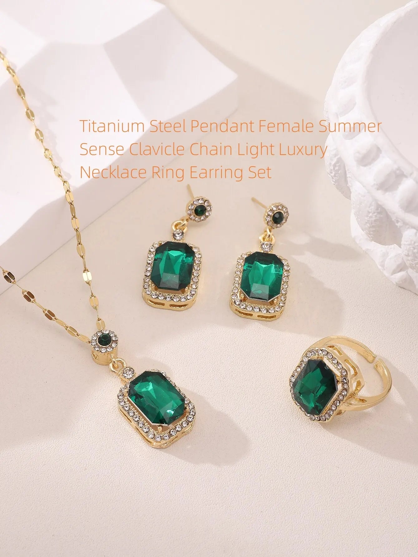 Emerald Crystal Titanium Steel Jewelry Set – Light Luxury Pendant, Ring & Earrings for Women