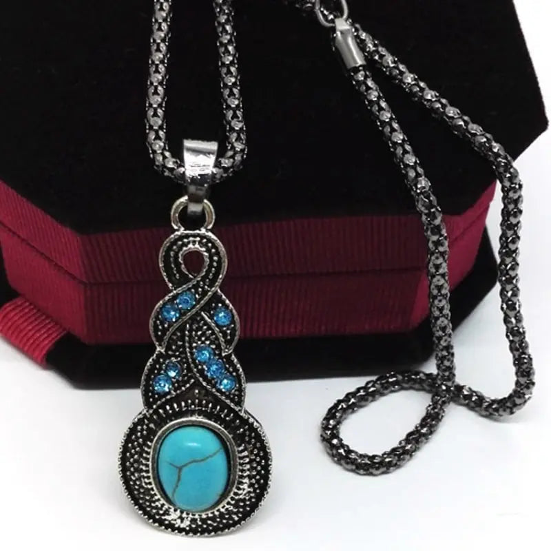3-Piece Vintage Turquoise Jewelry Set – Blue Crystal Pendant Necklace & Matching Earrings for Men and Women