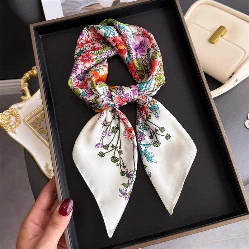 Bohemian Floral Silk Scarf – Luxury Square Satin Wrap for Hair, Neck & Hijab