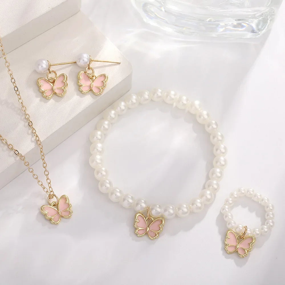 4-Piece Butterfly Jewelry Set – Imitation Pearl Necklace & Earrings for Women and Girls