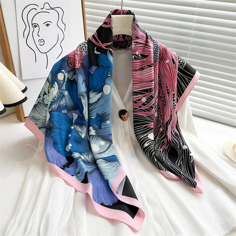 Silk Feel Scarf – Twill Square Wrap with Luxury Tree Print for Hair, Neck & Hijab