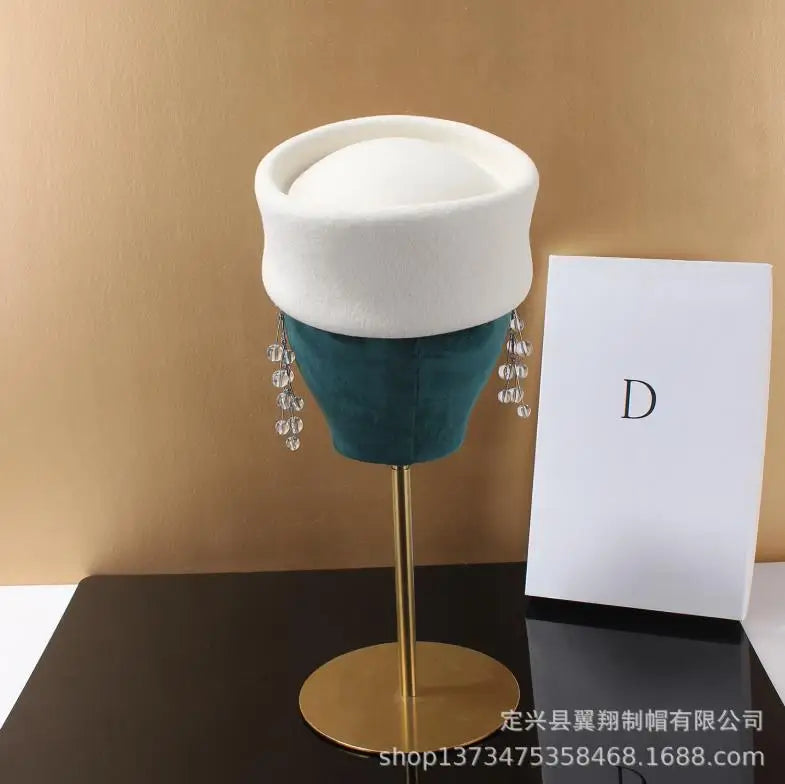 Vintage Wool Felt Beret – Elegant Hard-Top Pillbox Fedora for Weddings & Cocktail Parties