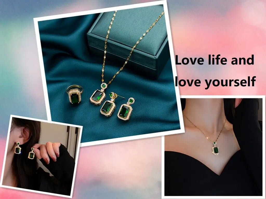 Emerald Crystal Titanium Steel Jewelry Set – Light Luxury Pendant, Ring & Earrings for Women