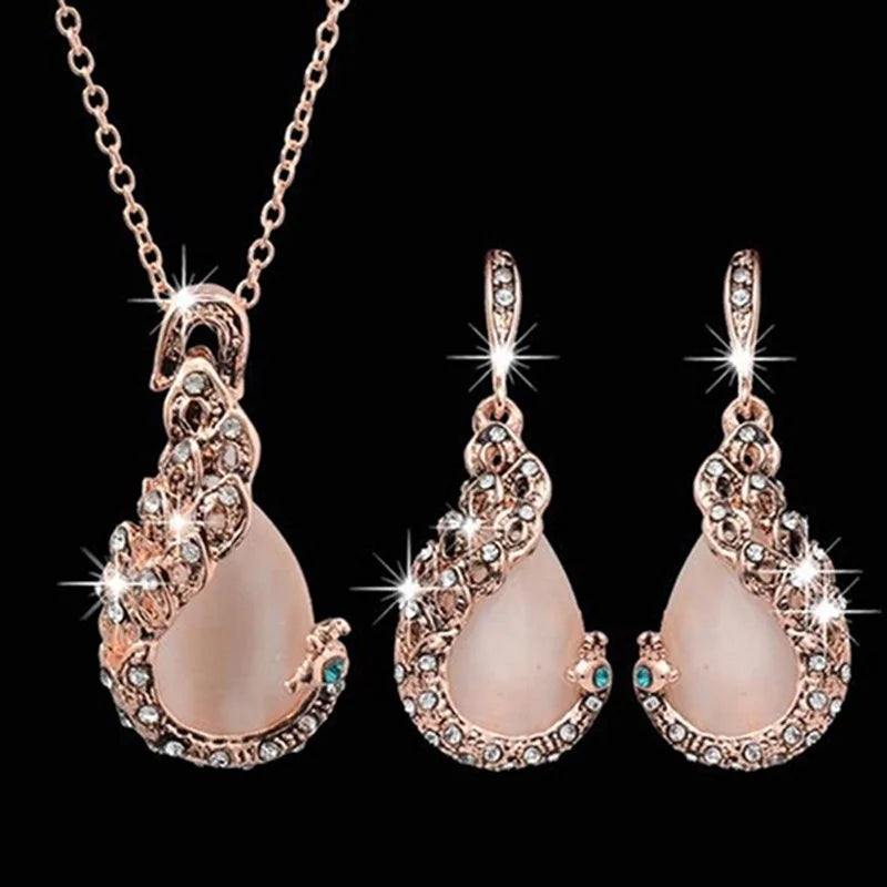 3-Piece Waterdrop Rhinestone Jewelry Set – Elegant Pendant Necklace & Hook Earrings