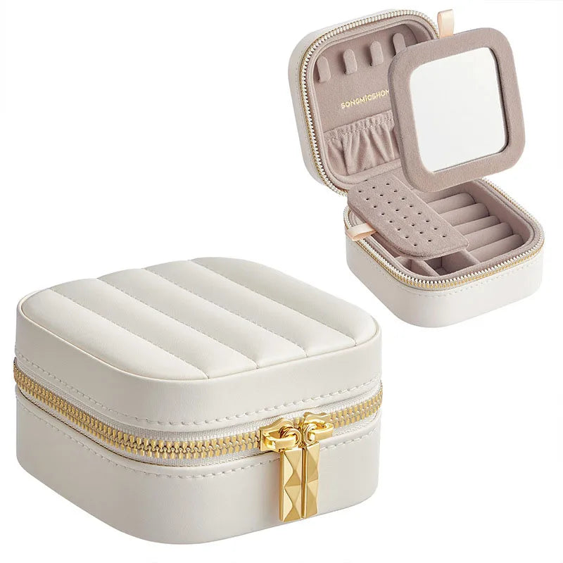 Mini Travel Jewelry Case with Mirror – Compact Organizer for Rings, Earrings & Necklaces