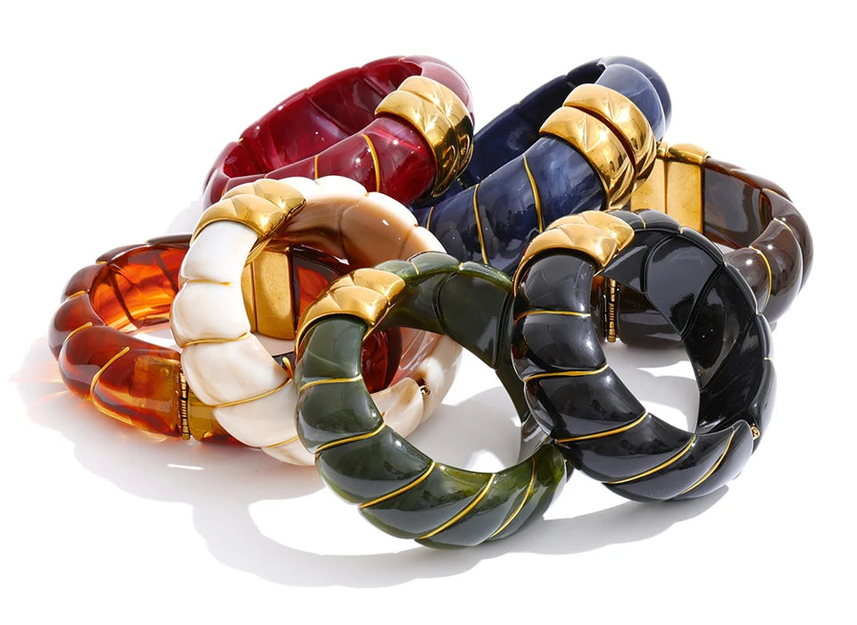Yhpup Multi-Color Resin Statement Bracelet – Wide Acrylic Bangle with Stainless Steel Accents