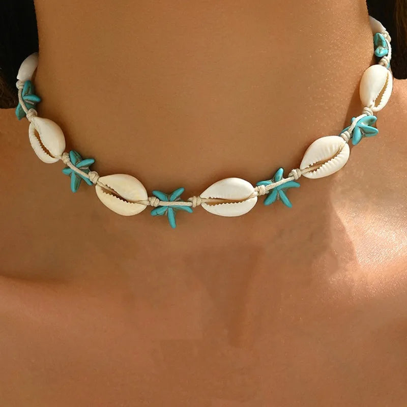 Bohemian Shell & Turquoise Choker – Handwoven Starfish Necklace for Summer Beach Style