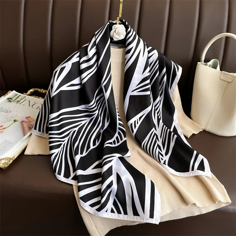 Silk Feel Scarf – Twill Square Wrap with Luxury Tree Print for Hair, Neck & Hijab