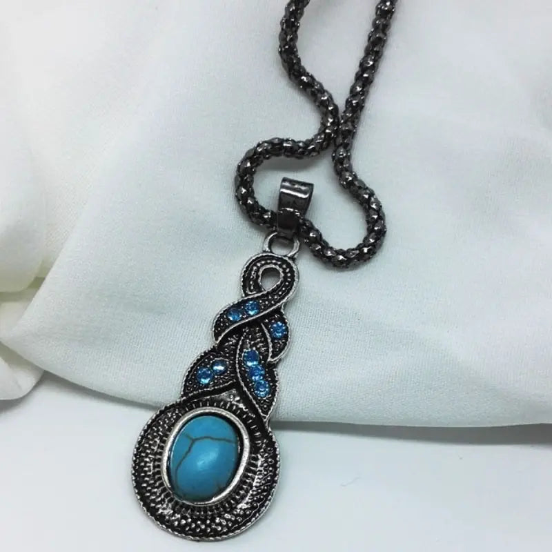 3-Piece Vintage Turquoise Jewelry Set – Blue Crystal Pendant Necklace & Matching Earrings for Men and Women