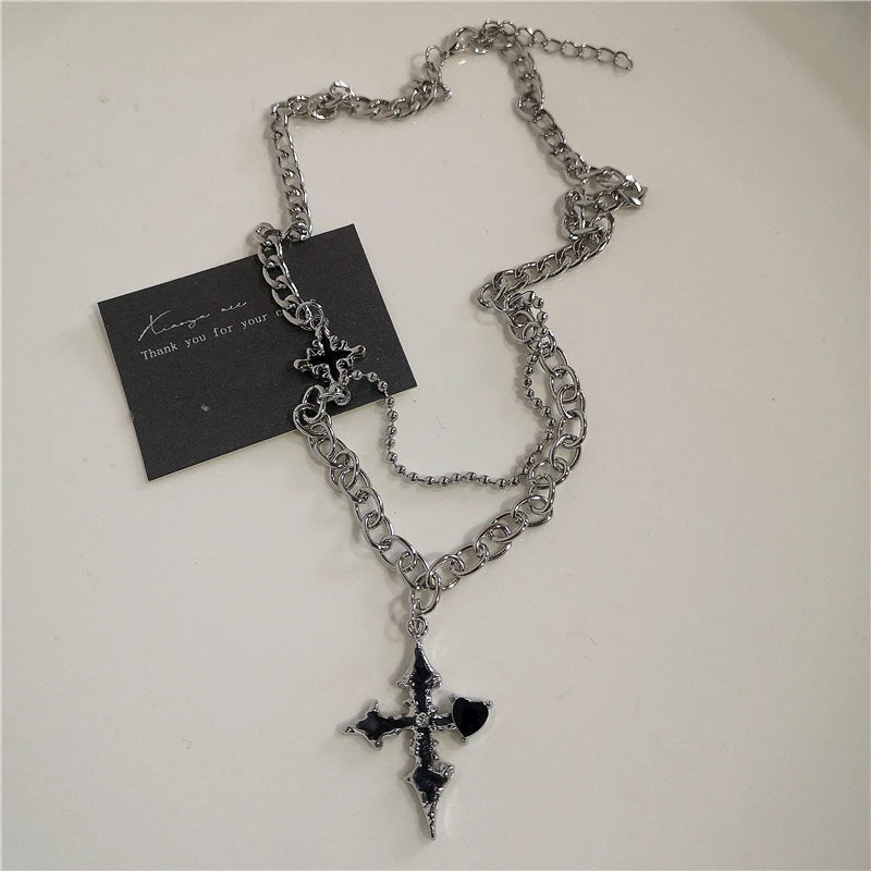 Black Heart Cross Pendant Necklace – Punk Rock Y2K Chain for Men & Women