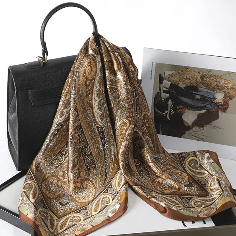 Bohemian Floral Silk Scarf – Luxury Square Satin Wrap for Hair, Neck & Hijab