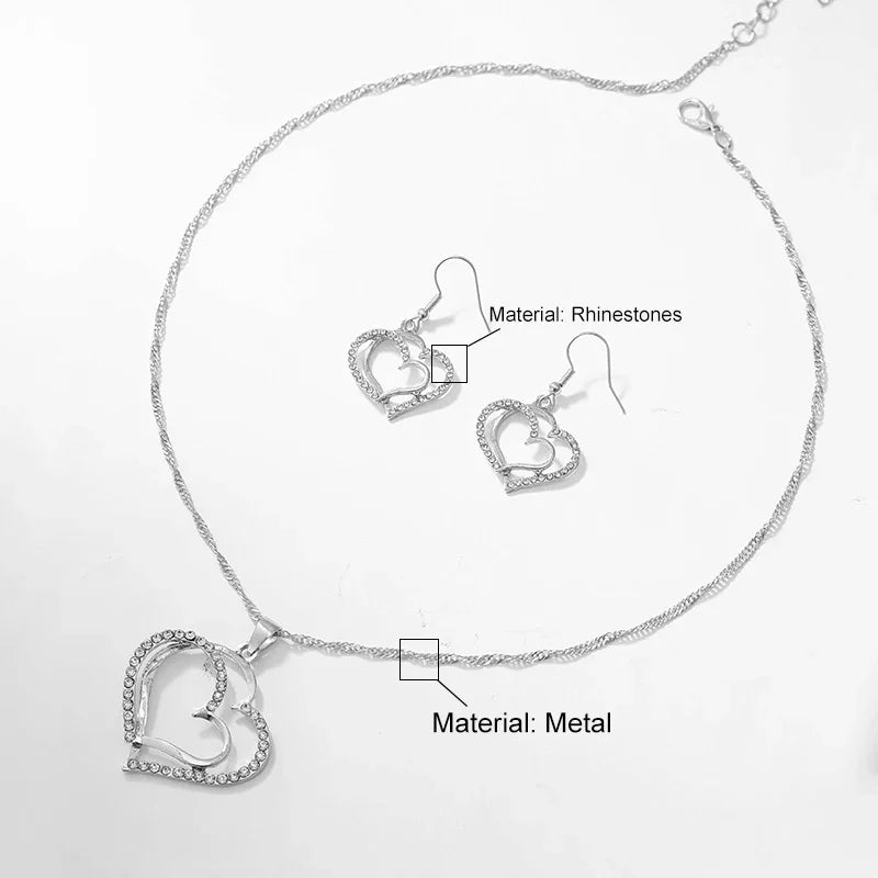 3-Piece Double Heart Jewelry Set – Rhinestone Necklace & Earrings for Women