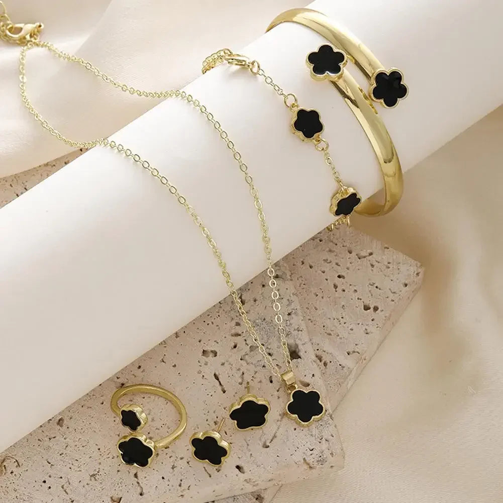 5-Piece Plum Blossom Jewelry Set – Elegant Floral Earrings, Ring, Bracelet & Necklace Gift Set