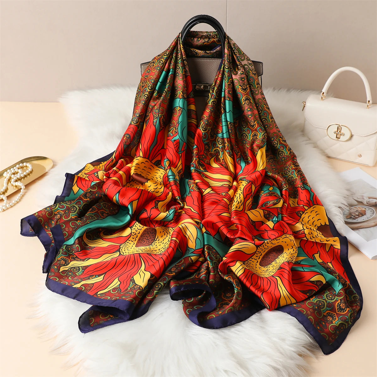 Luxury Silk Satin Scarf –  Large Wrap for Women, Elegant Beach & Hijab Style