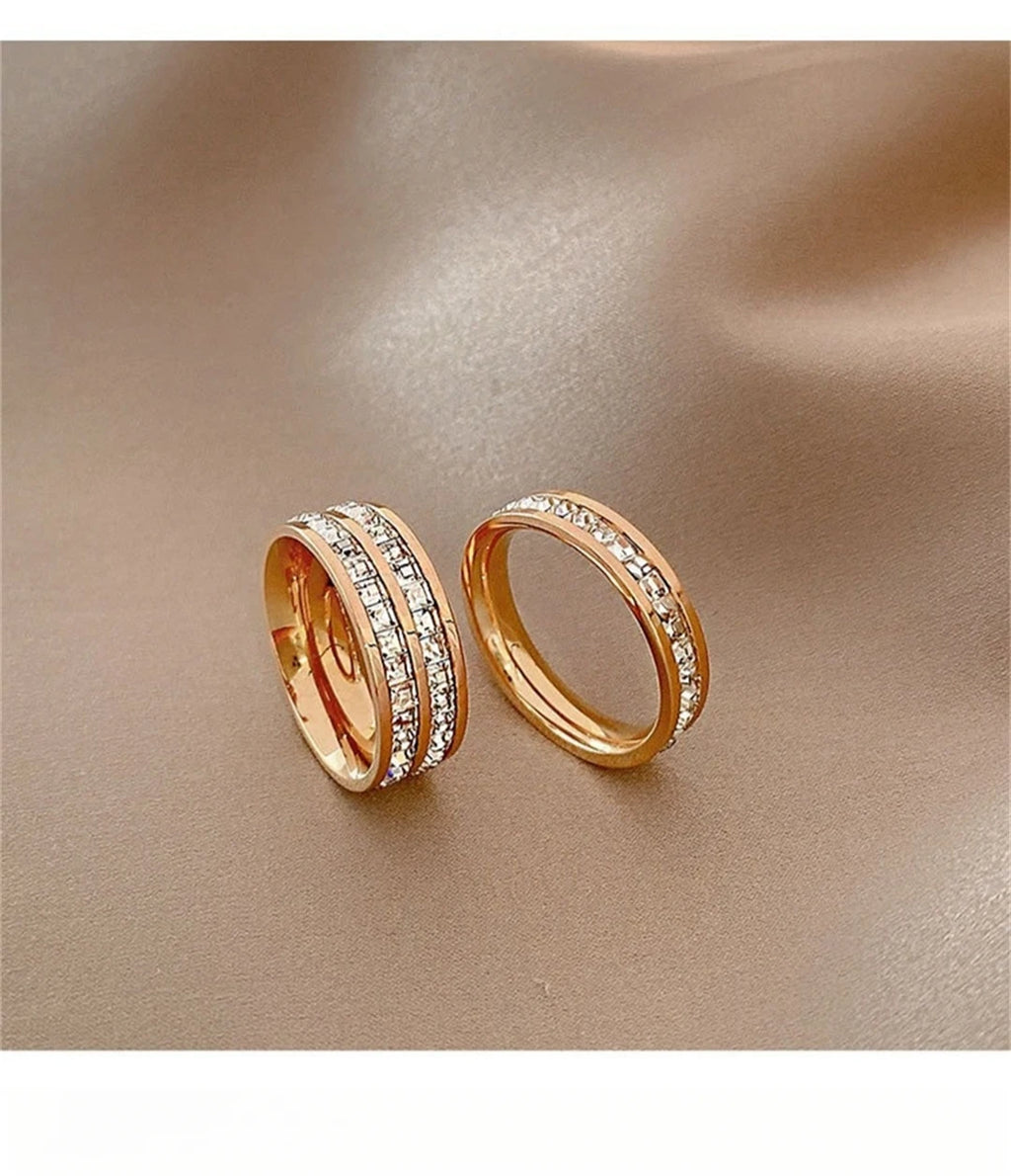 Rose Gold Double-Row Zircon Ring – Romantic Square-Cut Stainless Steel Band for Weddings & Parties