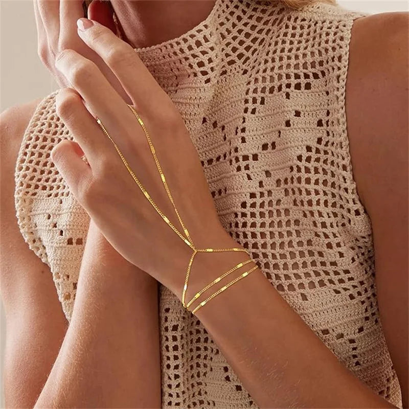 Minimalist Chain Hand Bracelet – Delicate Finger-Connected Design with Vintage Bead Details