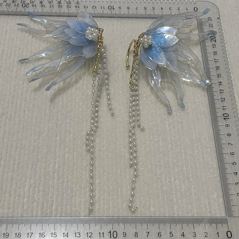 Butterfly & Mermaid Pearl Tassel Ear Cuffs – Elegant Non-Piercing Fairy-Style Earrings