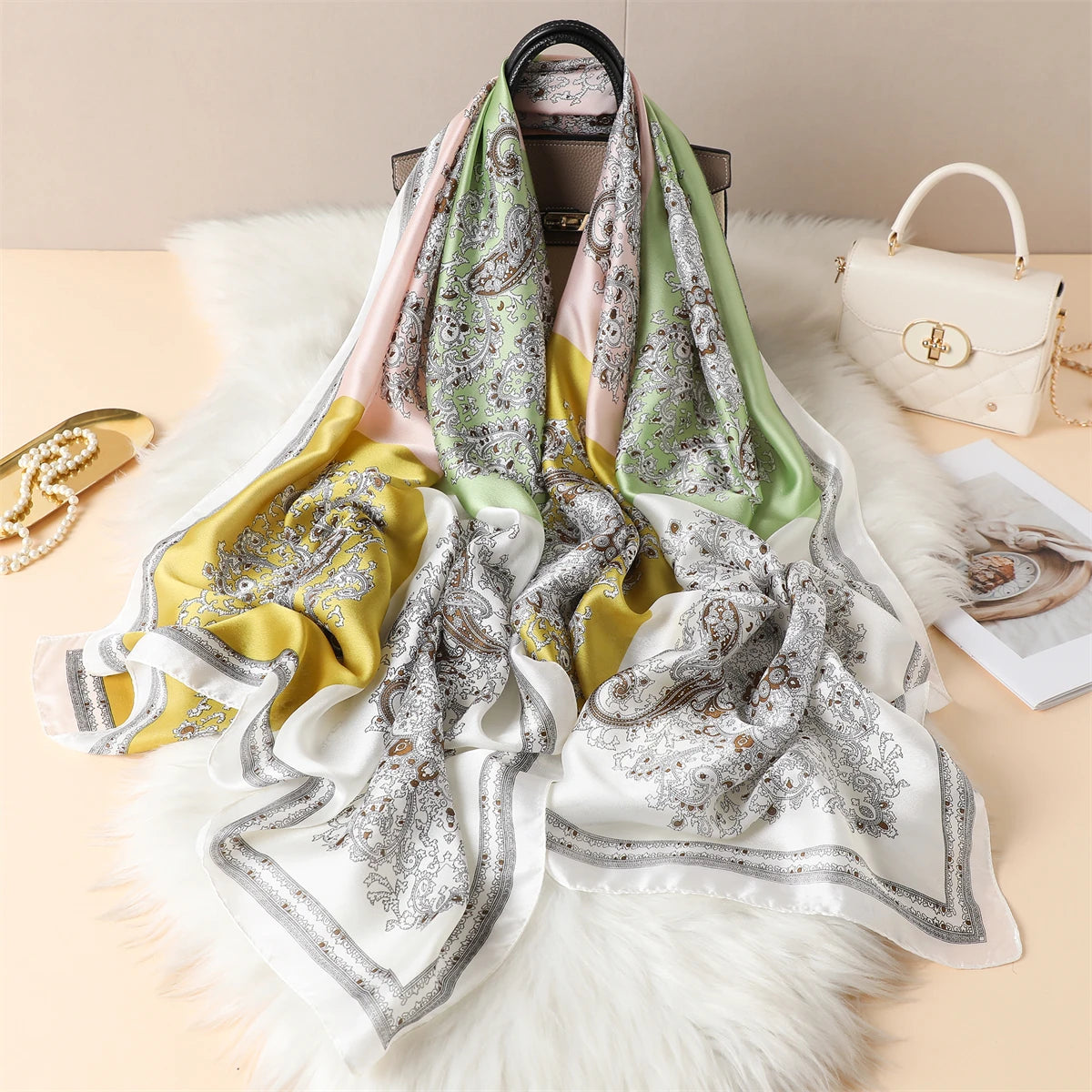 Luxury Silk Satin Scarf –  Large Wrap for Women, Elegant Beach & Hijab Style