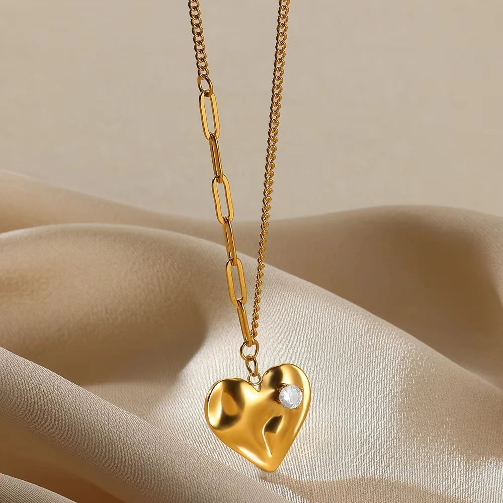 Punk Gold Heart Pendant Necklace – Stainless Steel OT Buckle Beaded Choker, Y2K Style
