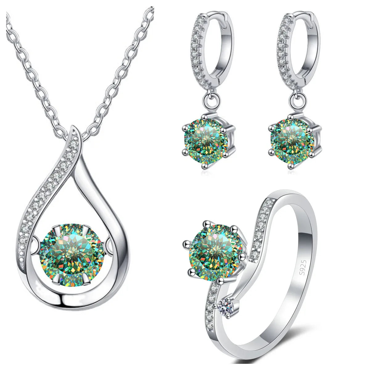 925 Silver Moissanite Jewelry Set – Solitaire Necklace, Ring & Stud Earrings for Men or Women