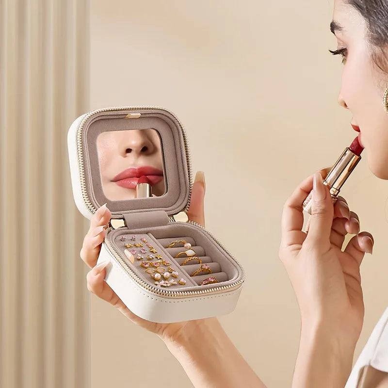 Mini Travel Jewelry Case with Mirror – Compact Organizer for Rings, Earrings & Necklaces