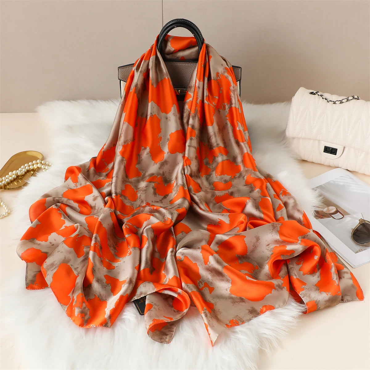 Luxury Silk Satin Scarf –  Large Wrap for Women, Elegant Beach & Hijab Style