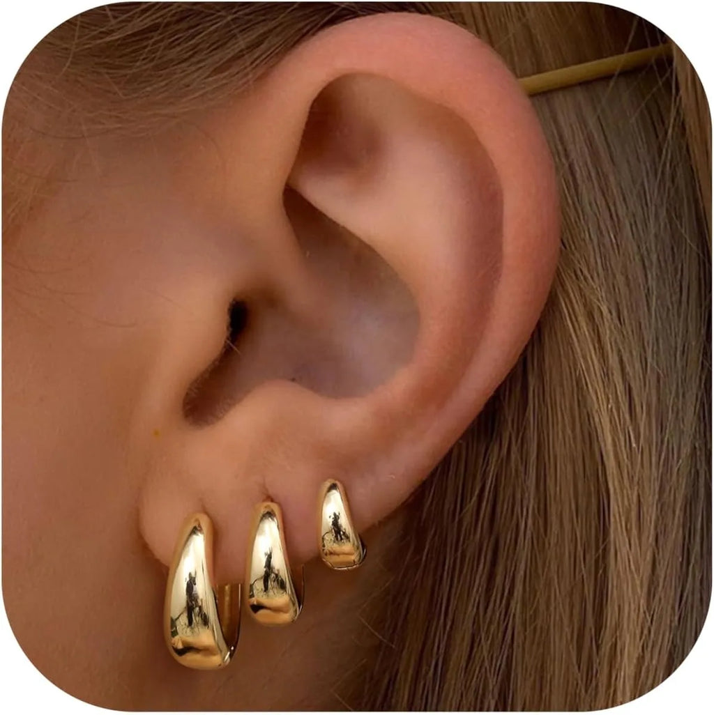 3-Pair Hoop Earring Set – Gold & Silver Plated Lightweight Hypoallergenic Huggies