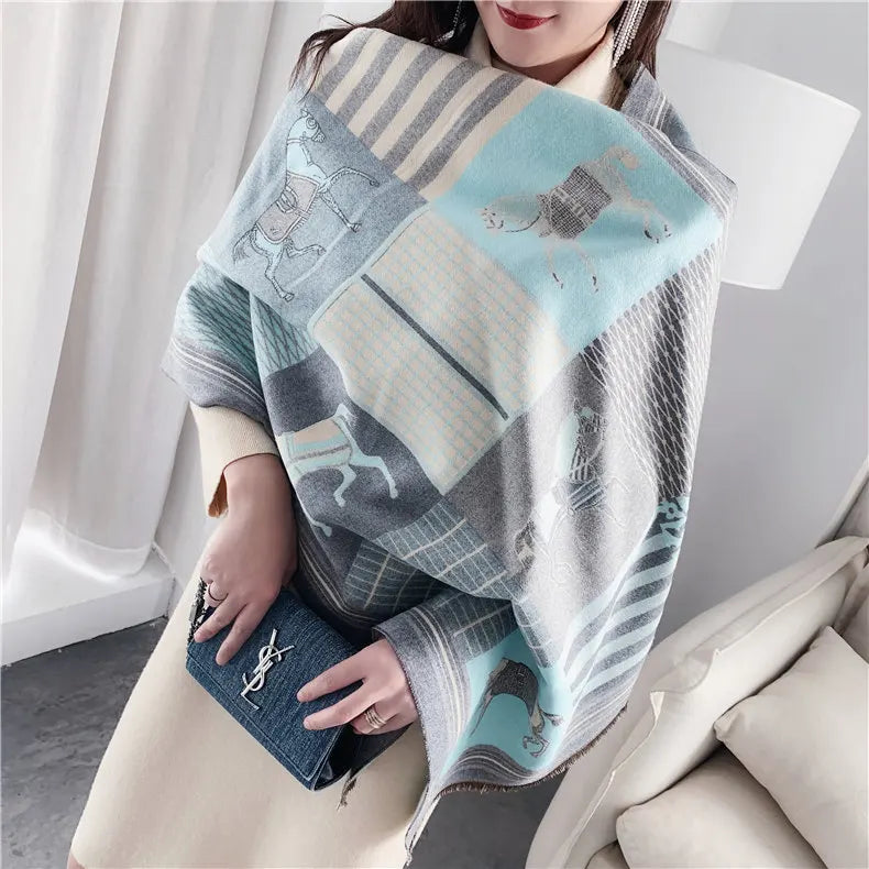 Luxury Cashmere Scarf – Thick Horse Print Winter Shawl for Women, Warm & Elegant Gift
