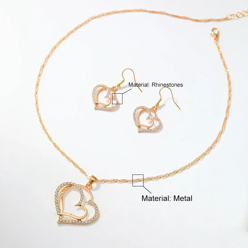 3-Piece Double Heart Jewelry Set – Rhinestone Necklace & Earrings for Women