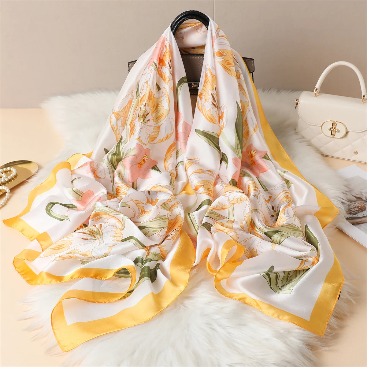 Luxury Silk Satin Scarf –  Large Wrap for Women, Elegant Beach & Hijab Style