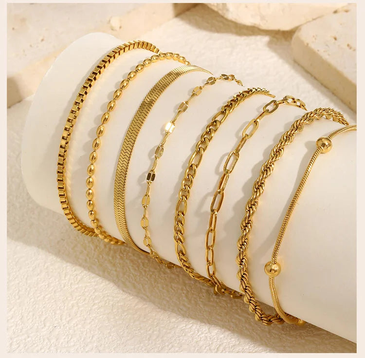 Non-Tarnish Stainless Steel Herringbone Bracelet – Thin, Stackable & Waterproof Gold Plated Design for Women