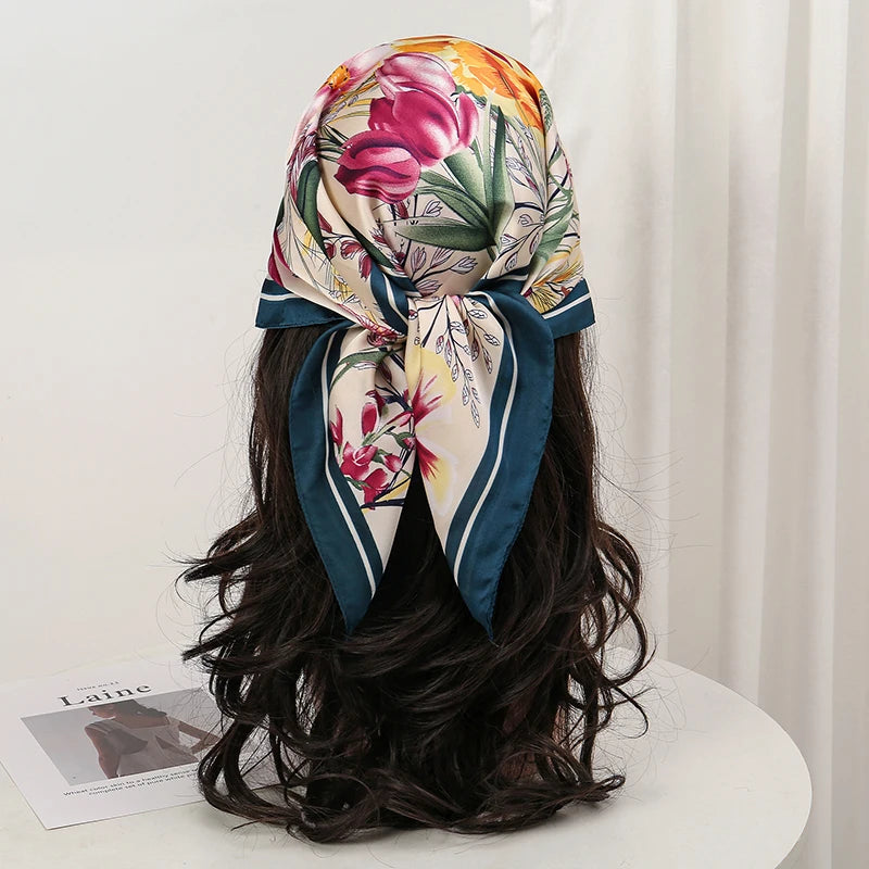 Bohemian Floral Silk Scarf – Tropical Print Square Satin Wrap for Hair, Neck & Hijab
