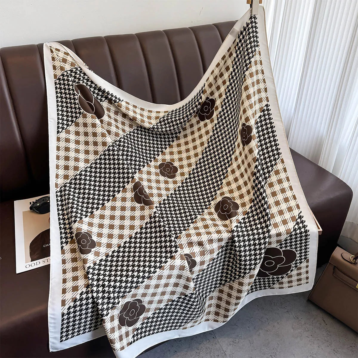 Silk Feel Scarf – Twill Square Wrap with Luxury Tree Print for Hair, Neck & Hijab