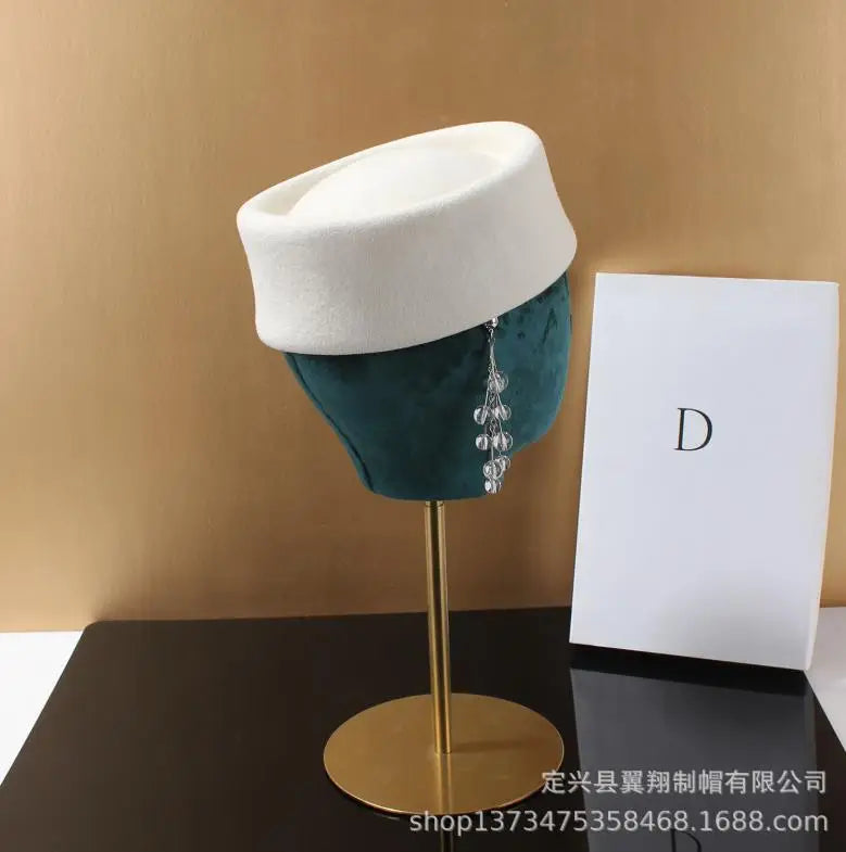 Vintage Wool Felt Beret – Elegant Hard-Top Pillbox Fedora for Weddings & Cocktail Parties