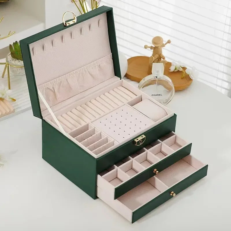 Three-Layer Retro PU Jewelry Box – High-Quality Green Case for Necklaces, Earrings, Rings & Bracelets
