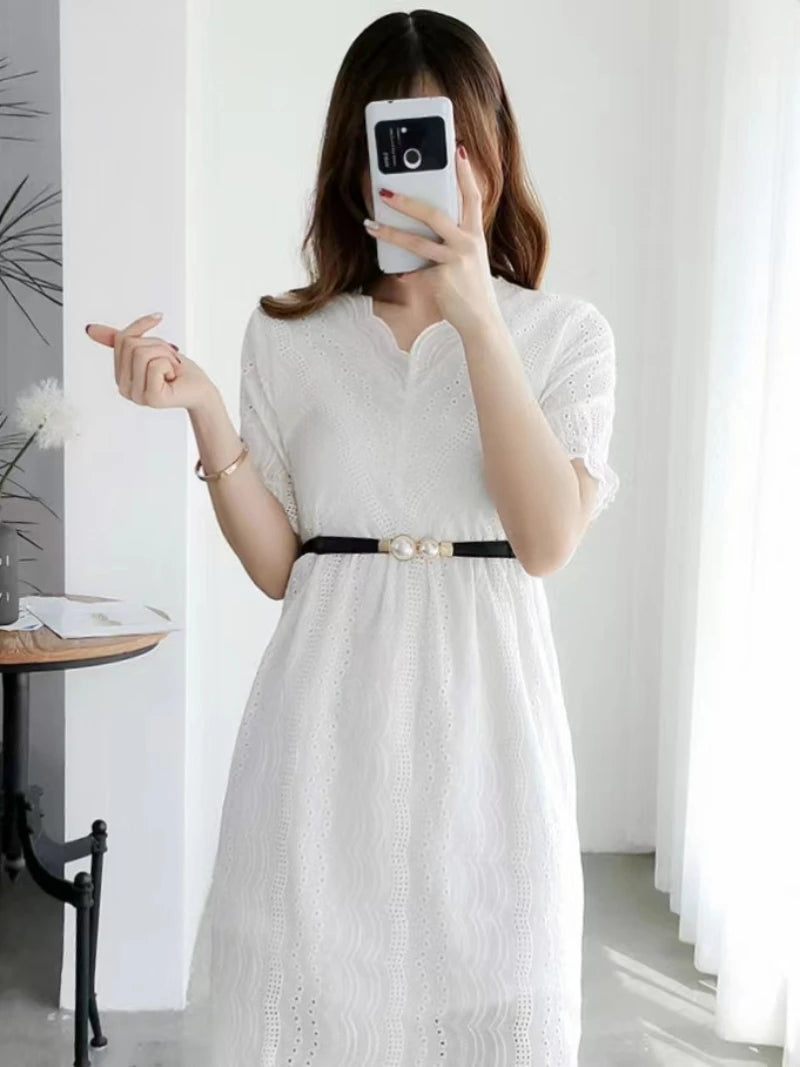 Double Pearl Buckle Elastic Belt – Elegant Thin Strap Waistband for Dresses & Skirts