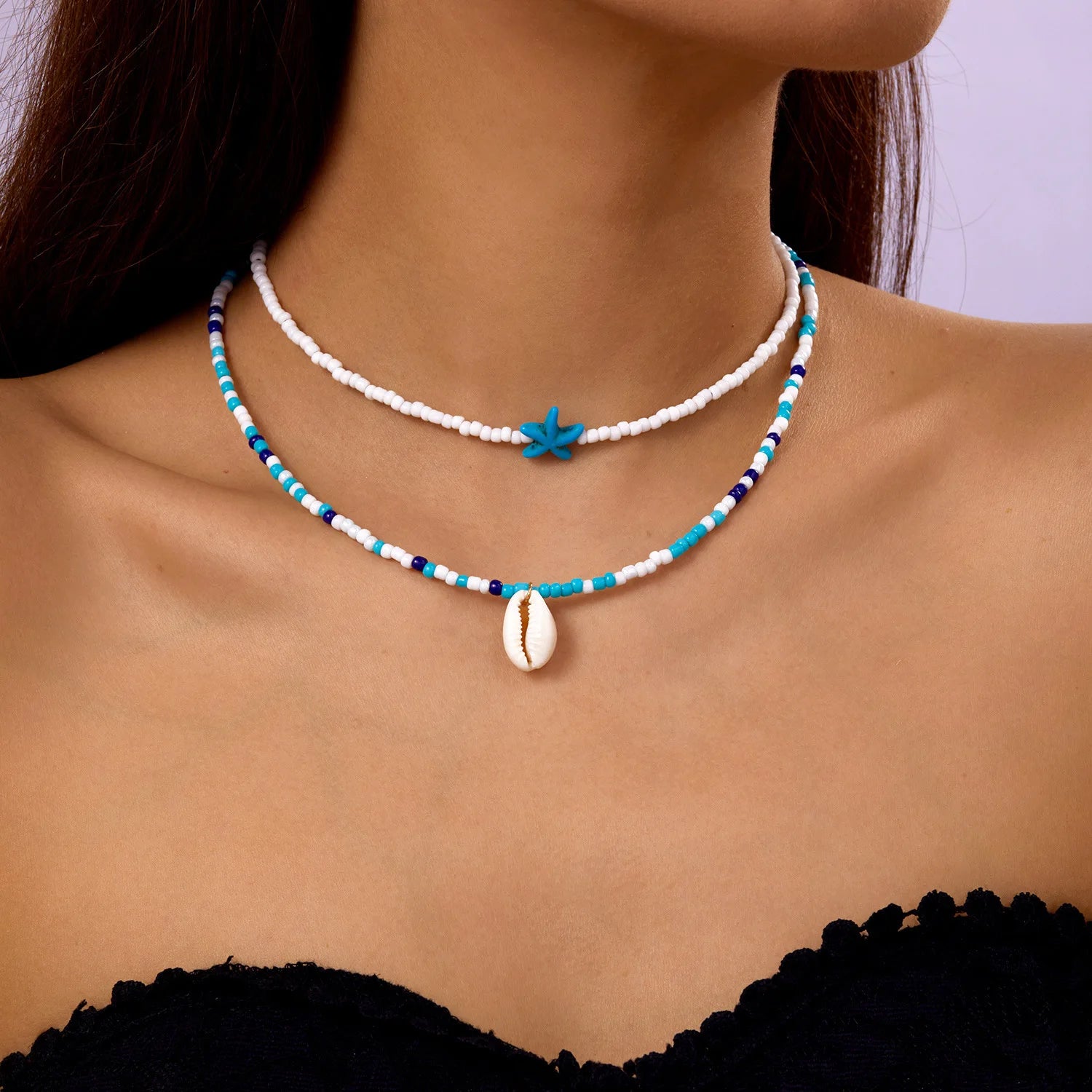 Bohemian Shell & Turquoise Choker – Handwoven Starfish Necklace for Summer Beach Style