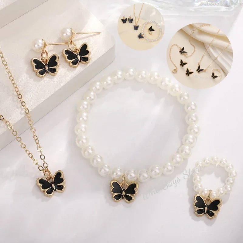4-Piece Butterfly Jewelry Set – Imitation Pearl Necklace & Earrings for Women and Girls