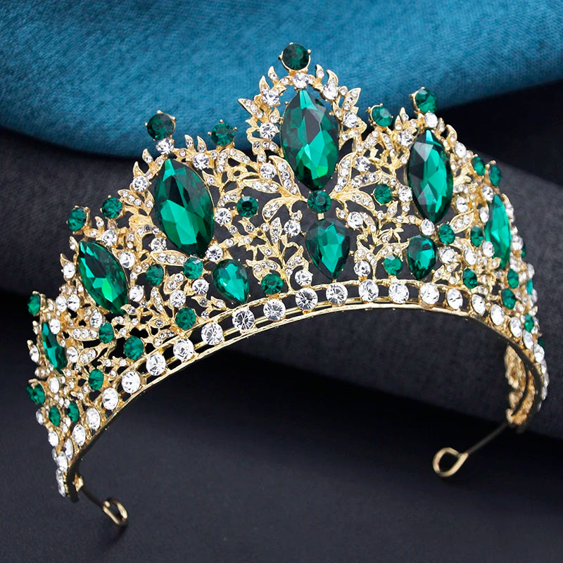 Bridal Green Crystal Tiara Set – Elegant Crown, Necklace & Earrings for Weddings and Prom